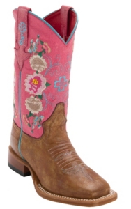 Anderson Bean® Kid's Antiqued Honey Brown w/ Pink Lizard & Floral Embroidery Top Square Toe Western Boots