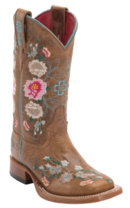 Anderson Bean® Youth Antiqued Honey Brown w/ Rose Garden Embroidery Square Toe Western Boots