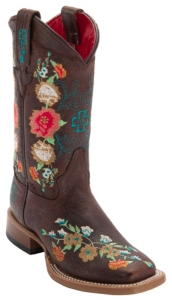 Anderson Bean® Youth Vintage Brown w/ Striking Multicolored Floral Embroidery Square Toe Western Boots