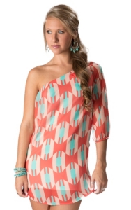 Karlie® Women's Red, Pink and Turquoise Geo Aztec One Shoulder Dress
