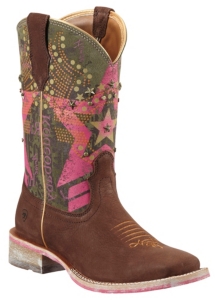 Ariat® Rodeobaby Liberty™ Women's Sueded Chocolate w/ Pink Military Top Square Toe Western Boot