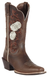 Ariat® Rosebud™ Women's Distressed Brown w/ Rose Embroidered Upper Square Toe Western Boot