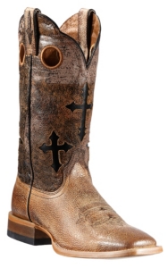Ariat® Ranchero™ Men's Quicksand Tan w/Crosses on Brown/Black Eclipse Top Double Welt Square Toe Western Boots