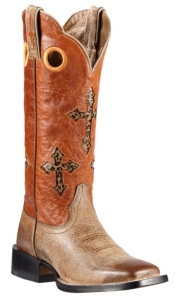 Ariat® Ranchero™ Women's Tumbled Tawny Brown w/Sunset Orange Cross Inlay Top Double Welt Square Toe Western Boots