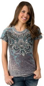 Affliction® Women's Chrome Grey with Turquoise Winged Upside Down Fleur Short Sleeve Burnout Tee
