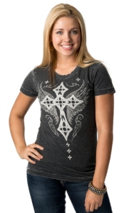 Affliction® Women's Charcoal Grey with White Winged Cross and Fleur Short Sleeve Tee