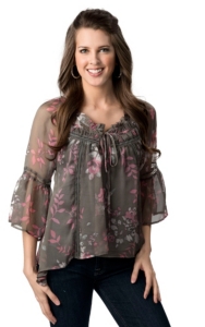 Rock & Roll Cowgirl® Women's Grey with Pink and White Floral 3/4 Sleeve Peasant Fashion Top