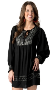 Angie® Women's Black with Light Mint Embroidery Long Sleeves Peasant Dress