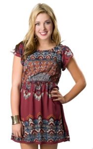 Angie® Women's Wine Red with Blue Print Open Back Short Sleeve Dress