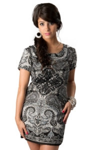 Angie Women's Black Gray and White Paisley Short Sleeve Shift Dress