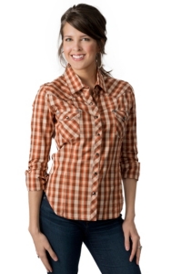 Rock & Roll Cowgirl® Women's Orange & Brown Plaid w/ Winged Cross Embroidery Long Sleeve Western Shirt