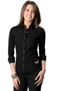 Rock & Roll Cowgirl® Women's Black with Silver Winged Fleur Cross Embroidery Long Sleeve Western Shirt