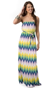 Black Bead® Women's Multi-Colored Scalloped Chevron Tie-Waist Strapless Maxi Dress