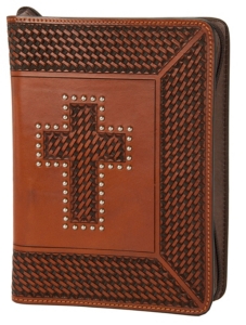 3-D Belt Company® Cognac Tooled Basket Weave Cross Leather Bible Cover