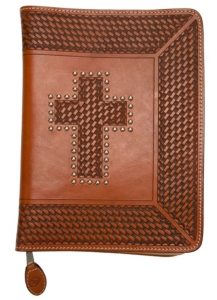 3-D Belt Company® Natural Tooled Basket Weave Cross Leather Bible Cover