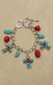 West & Co® Silver with Turquoise & Red Stone Cross and Charm Bracelet