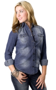Cello® Women's Denim Leopard Button Down Long Sleeve Fashion Top