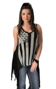 Black Bead® Women's Black Flag Screenprint with Fringe V-Neck Sleeveless Fashion Top