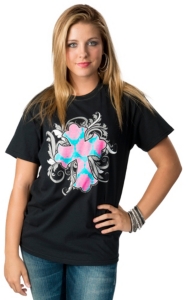 Cattlelac Style® Women's Black with Turquoise and Pink Damask Cross Short Sleeve Tee