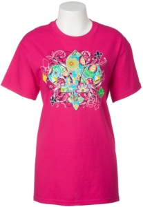Cattilac Style® Ladies Pink w/ Multi Floral Print Fleur De Lis Short Sleeve Tee