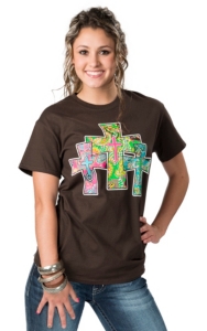 Cattilac Style® Ladies Brown with 3 Paisley Print Crosses Short Sleeve Tee