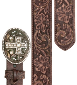 Justin® Ladies Vintage Brown Tooled Leather w/ Crystal Cross Buckle Western Belt