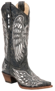 Corral® Ladies Distressed Black w/ Winged Cross White Inlay Snip Toe Western Boot