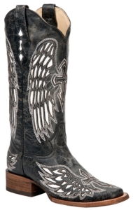 Corral® Ladies Distressed Black w/Winged Cross White Inlay Square Toe Western Boot