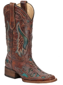 Corral® Ladies Distressed Cognac Brown w/ Turquoise Inlay Square Toe Western Boots