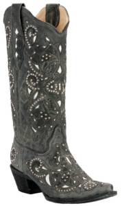 Corral® Ladies Distressed Black Crater w/White Inlay & Studs Snip Toe Western Boots