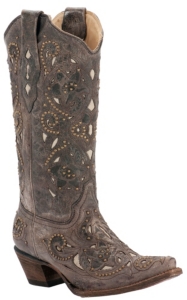 Corral® Ladies Distressed Brown w/ Bone Inlay & Bronze Studs Snip Toe Western Boots