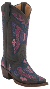 Corral Boot Company® Kids Dark Brown w/ Pink, Purple & Blue Butterfly Snip Toe Western Boots