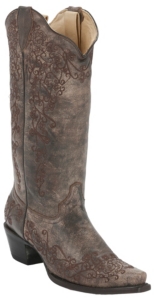 Corral® Ladies Distressed Sand w/ Intricate Chocolate Embroidery Snip Toe Western Boots