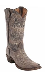 Corral® Kid's Distressed Brown w/Fancy Beige Embroidery Snip Toe Western Boots