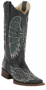 Corral® Ladies Distressed Black w/ Winged Cross Turquoise Inlay Square Toe Western Boot