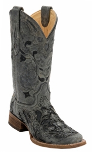 Corral® Women's Distress Black w/ Black Caiman Inlay Square Toe Western Boots