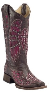 Corral® Women's Dark Brown w/ Winged Cross Pink Inlay Square Toe Western Boot