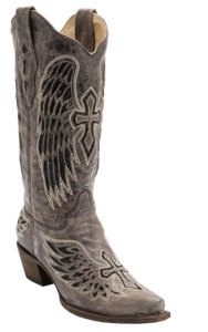 Corral® Ladies Distressed Brown w/Winged Cross Black Sequin Inlay Snip Toe Western Boot