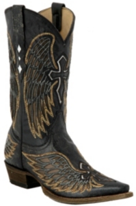Corral® Mens Distressed Black with Gold Inlay Winged Cross Snip Toe Western Boot