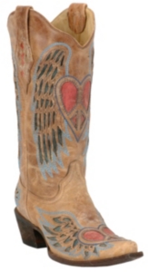 Corral® Ladies Distressed Tan w/Winged Heart Red & Blue Inlay Snip Toe Western Boot
