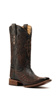 Corral® Mens Distressed Chocolate w/Cognac Inlay Winged Cross Square Toe Western Boot