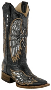 Corral® Ladies Distressed Black w/Winged Cross Silver Inlay Square Toe Western Boot
