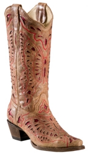 Corral® Ladies Tan Brown w/ Red Inlay Butterfly Snip Toe Western Boots