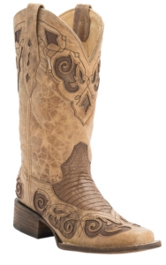 Corral® Rodeo Collection™ Women's Antique Saddle Tan w/Brown Teju Lizard Inlay Double Welt Square Toe Western Boots