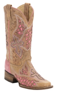 Corral® Rodeo Collection™ Women's Antique Saddle Tan w/Winged Cross Pink Inlay Square Toe Western Boots