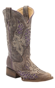 Corral® Ladies Distressed Chocolate w/Winged Cross Purple Inlay Square Toe Western Boots