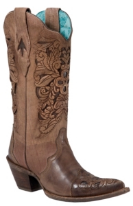 Corral® Ladies Brown w/ Chocolate Inlayed Floral Tool Pointed Toe Western Boots