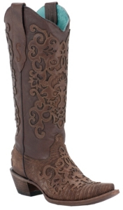 Corral® Ladies Brown Lizard w/ Leather Lace Overlay Snip Toe Exotic Western Boots