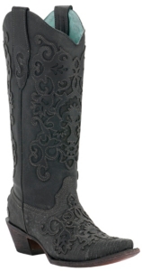 Corral® Ladies Black Lizard w/ Leather Lace Overlay Snip Toe Exotic Western Boots