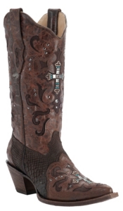 Corral® Ladies Brown Cognac w/ Python & Crystal Cross Snip Toe Western Boots